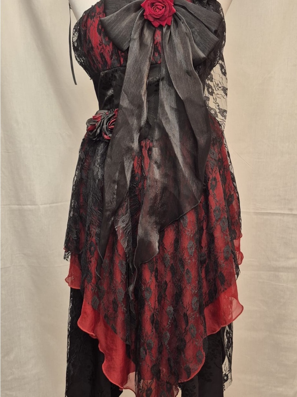 2063 - Red and Black Lace Cocktail Dress with Rose Accents